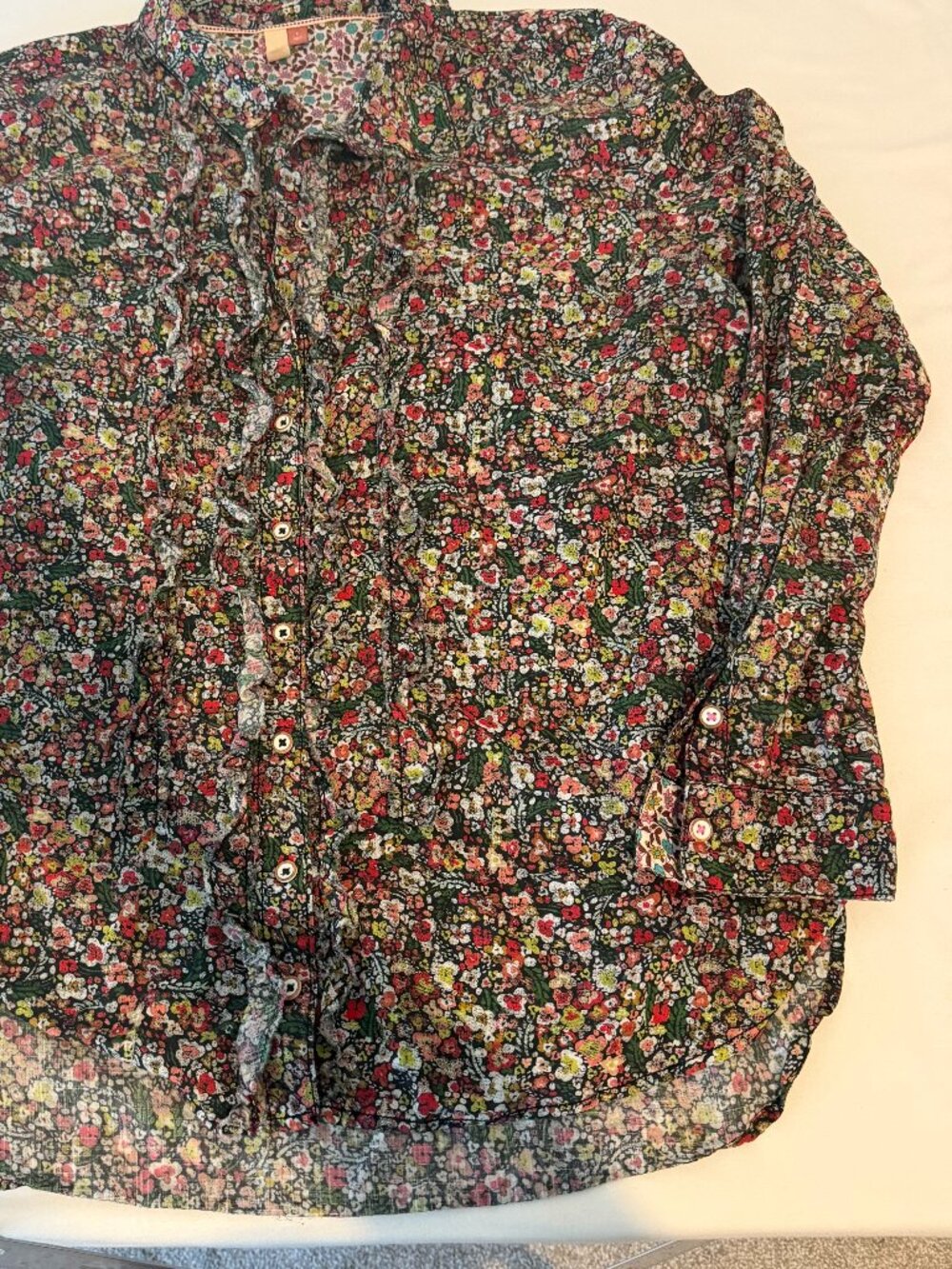 Pilcro Anthropologie Floral Ruffle Button Front Blouse Women's Large Cotton